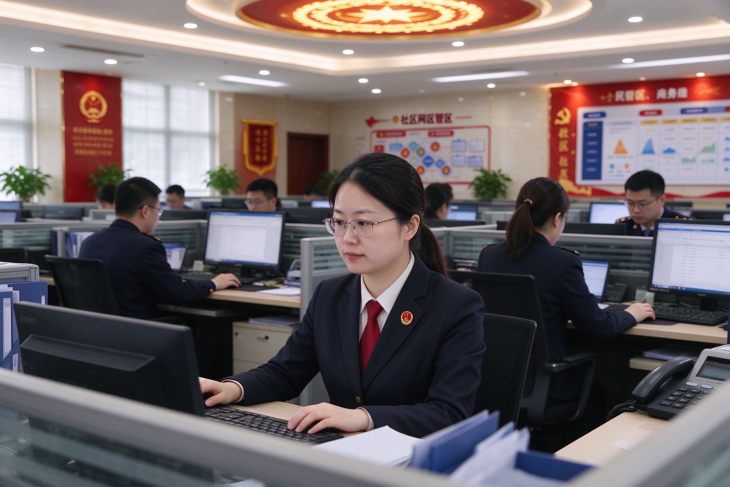 多部门工作人员在政务办公区办公